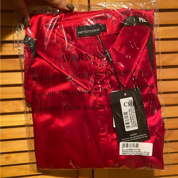 Red Satin Button Front Shirt - Picture 4 of 5